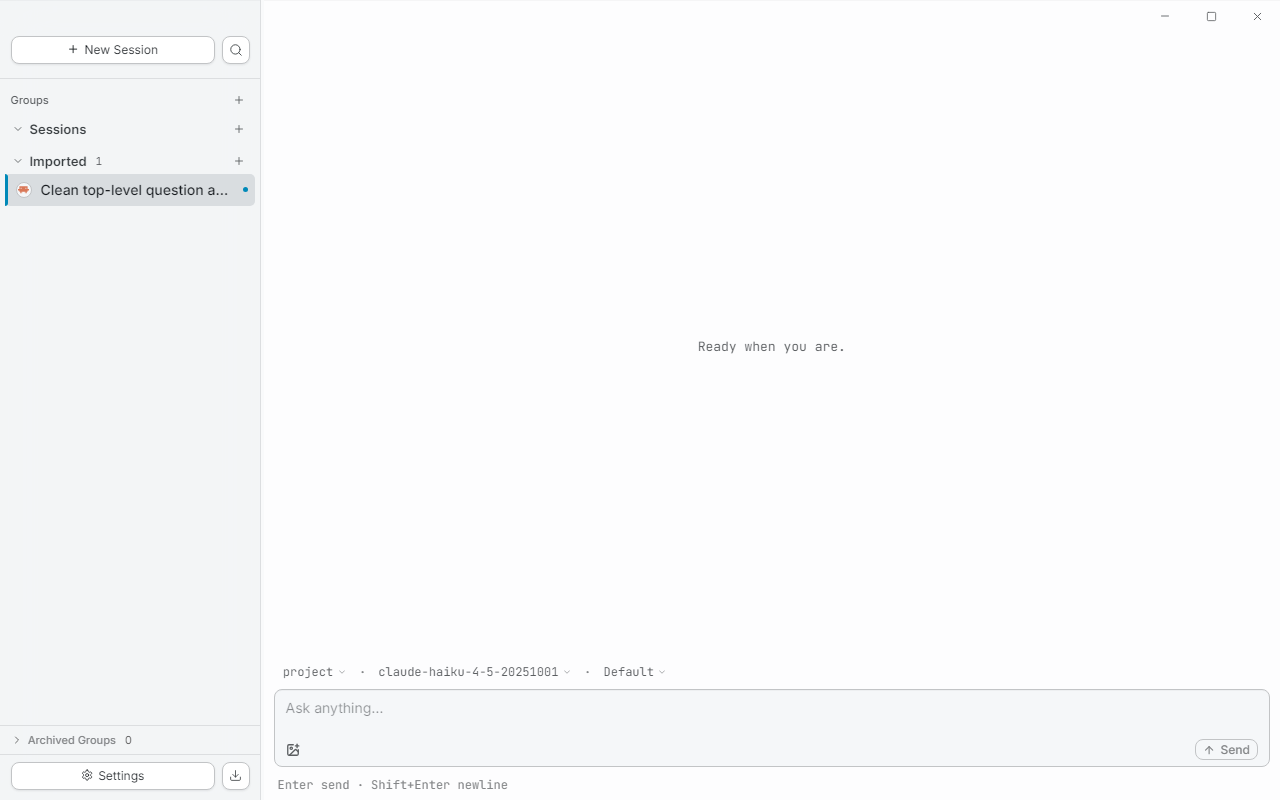 Import flow showing existing Claude Code sessions detected from the local filesystem