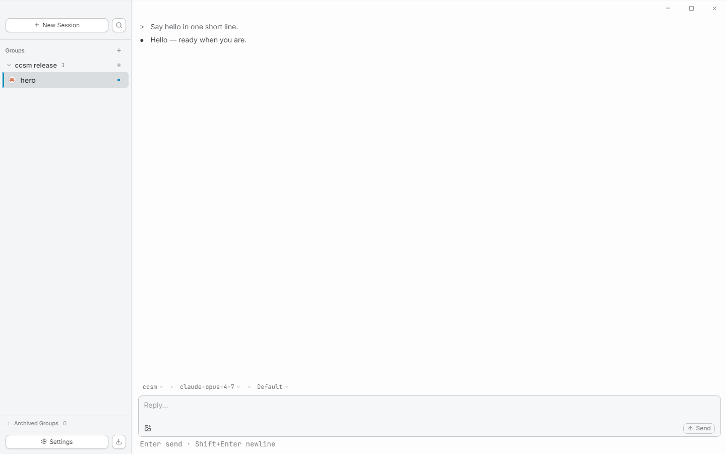 ccsm main view: sidebar with sessions, chat stream, input composer